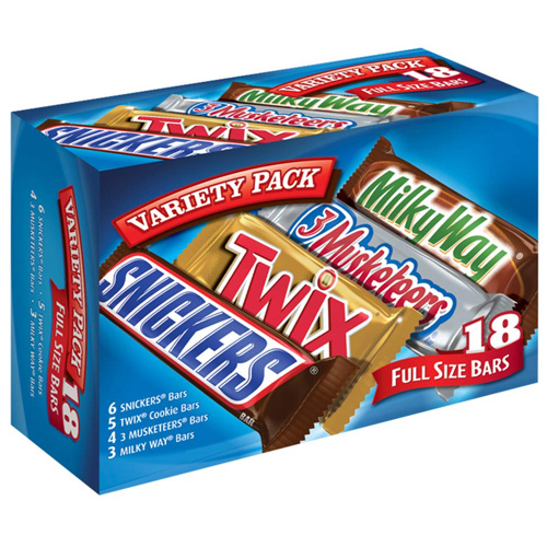 Variety pack of chocolates (Snickers, Twix, 3 Musketeers, Milky Way)